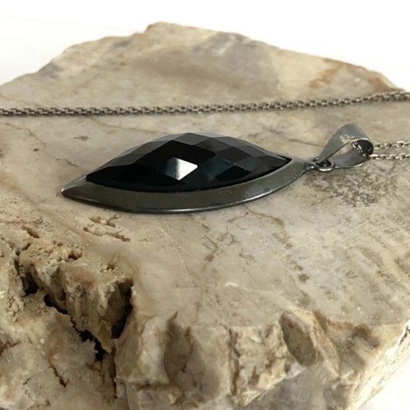 Sterling Silver 925 Oxidized Faceted Black Onyx Marquise Pendant Necklace 17.75" - Picture 11 of 16